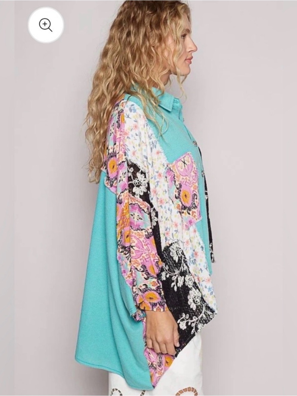 POL Candy Crochet Patch Oversized Tunic Top Turquoise Floral Small
